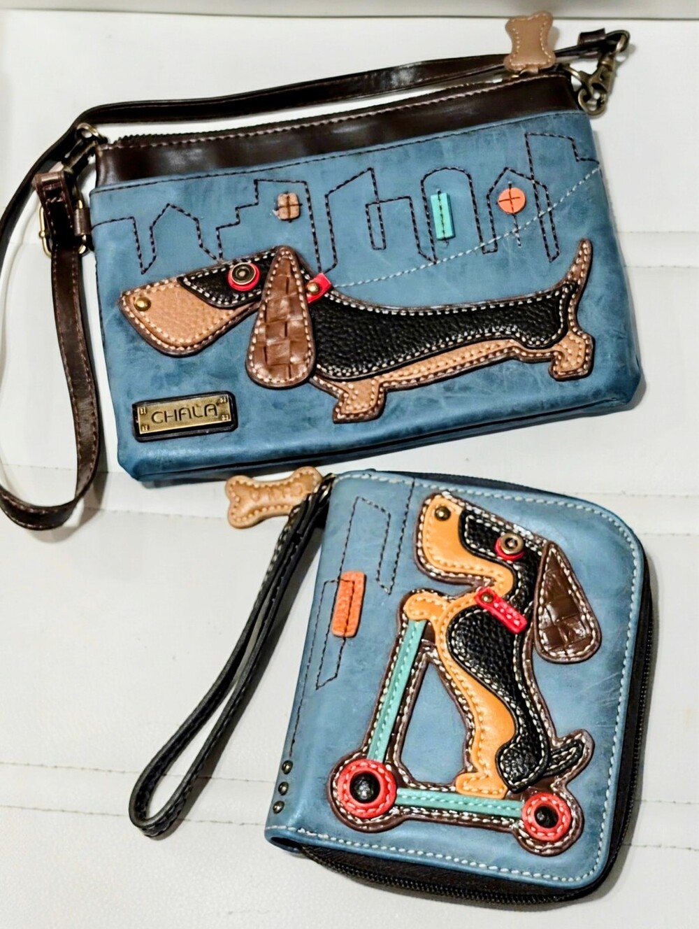 NWOT Chala Blue Dachshund Crossbody and Zip-Around Wallet Set.